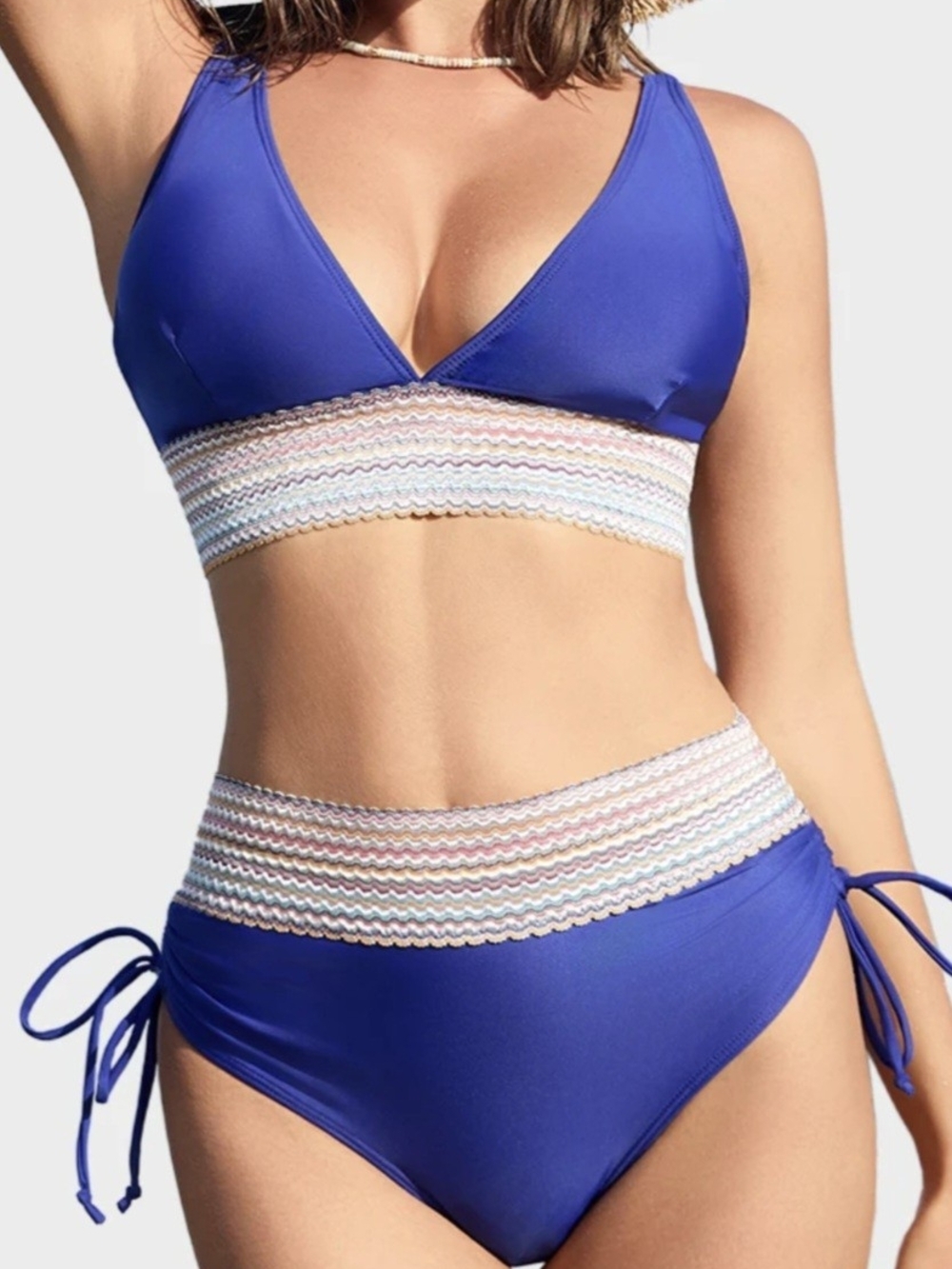 Royal Blue Plus Size Figure Flattering High-Waist Bikini Set with Crochet Trim
